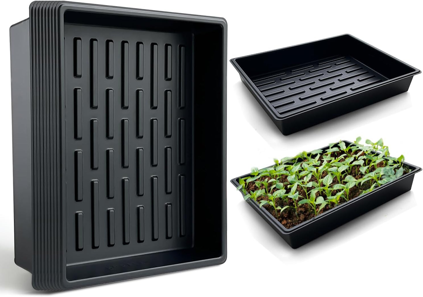 Seed Starter Tray, 10 Packs Plant Tray, Durable Plastic Growing Trays, Stackable Seedling Starter Trays Perfect for Indoor, Outdoor, Greenhouses, 16.5" L x 13.2" W x 2.8" H - Black