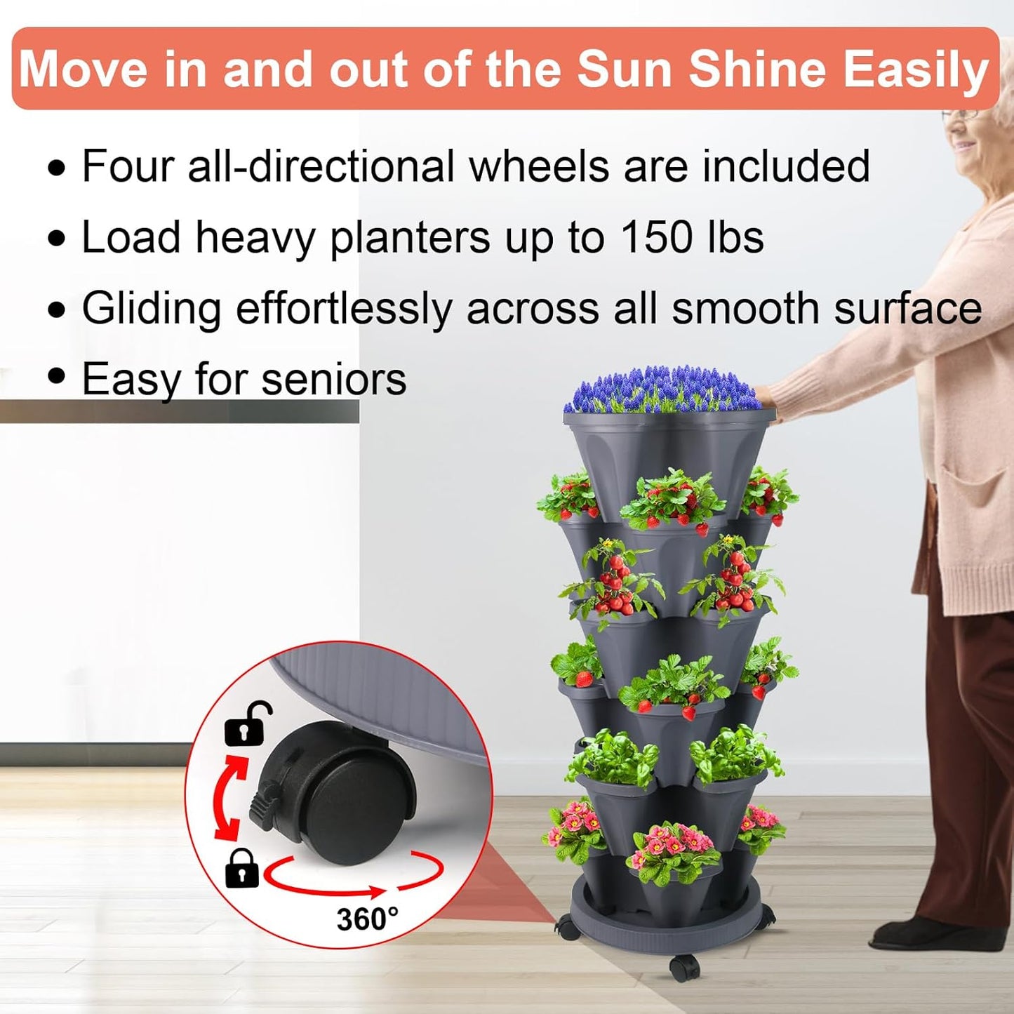 DUNCHATY Stackable Planter, Vertical Garden Planter with Wheels and Tools, Self Watering Strawberry Planter Indoor/Outdoor 6 Tier Herb Planter Pots for Growing Vegetables and Succulents, Dark Gray