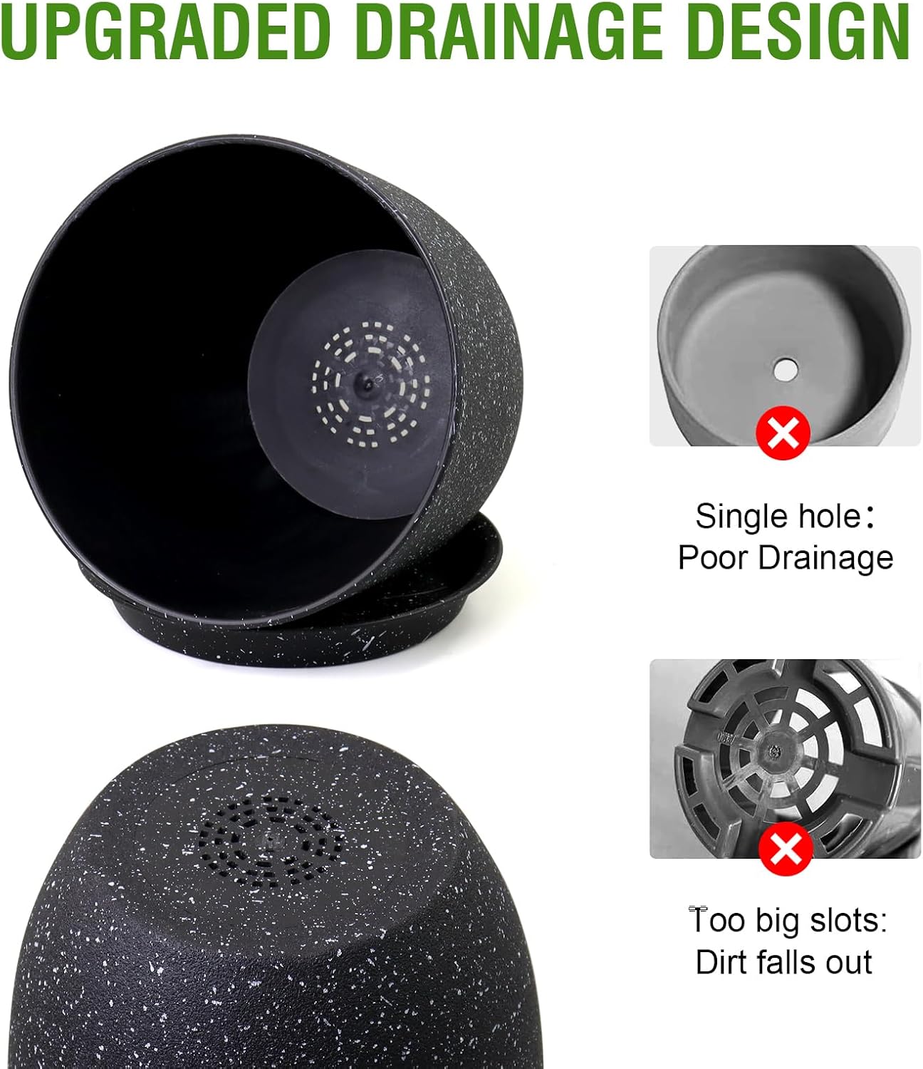 Plant Pots 10/9/8 inch, Set of 3 Modern Decorative Plastic Planters with Drainage Holes and Saucers for Garden House Plants, Flower Pots for Indoor Outdoor Plants, Speckled Black