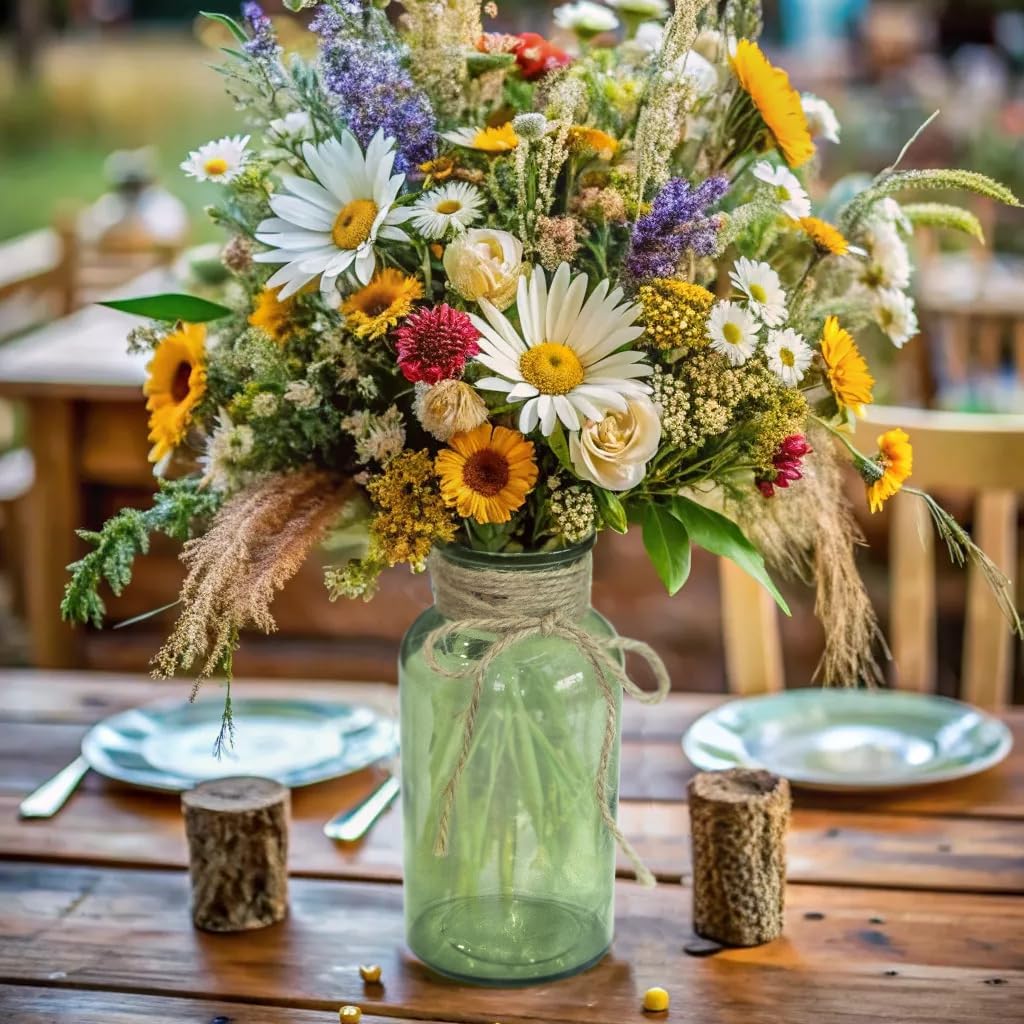 Vintage Glass Flower Vase，6 Pack Green Farmhouse Glass Centerpiece Vases Mason Jars for Weddings, Parties & Home Decor Bulk (6,Green)