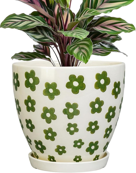 Ceramic Plant Pot - 6.8 Inch Ceramic Planter for Indoor Outdoor Plants, Boho Round Indoor Flower Pot with Drainage Hole and Saucer, Gifts for Plant Lovers, Home Garden Apartment Decor, White