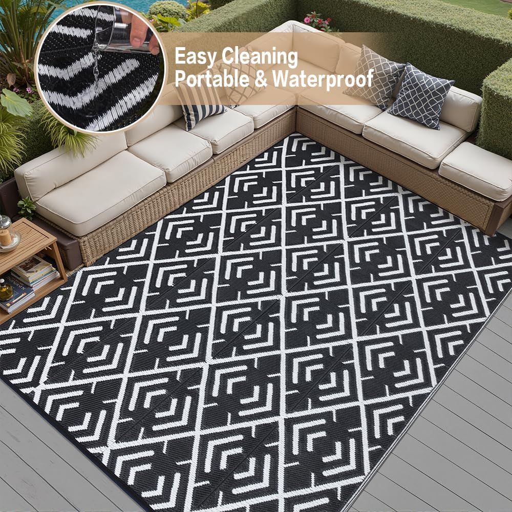 RV Outdoor Rug Waterproof Mat Outdoor Rugs 9'x12' for Patios Clearance Carpet Outdoor Camping Rugs Large Plastic Straw Rug(8x10ft Geometric Black&White)
