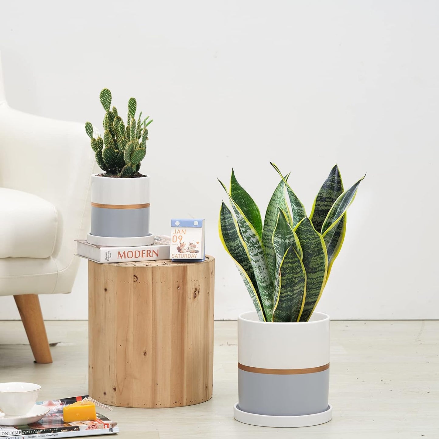 Ekirlin 6 inch Plant Pot - Ceramic Flower Planters Indoor - Modern Succulents Containers with Drain Hole Saucer, Decorate Home, Office & Outdoor (Grey)