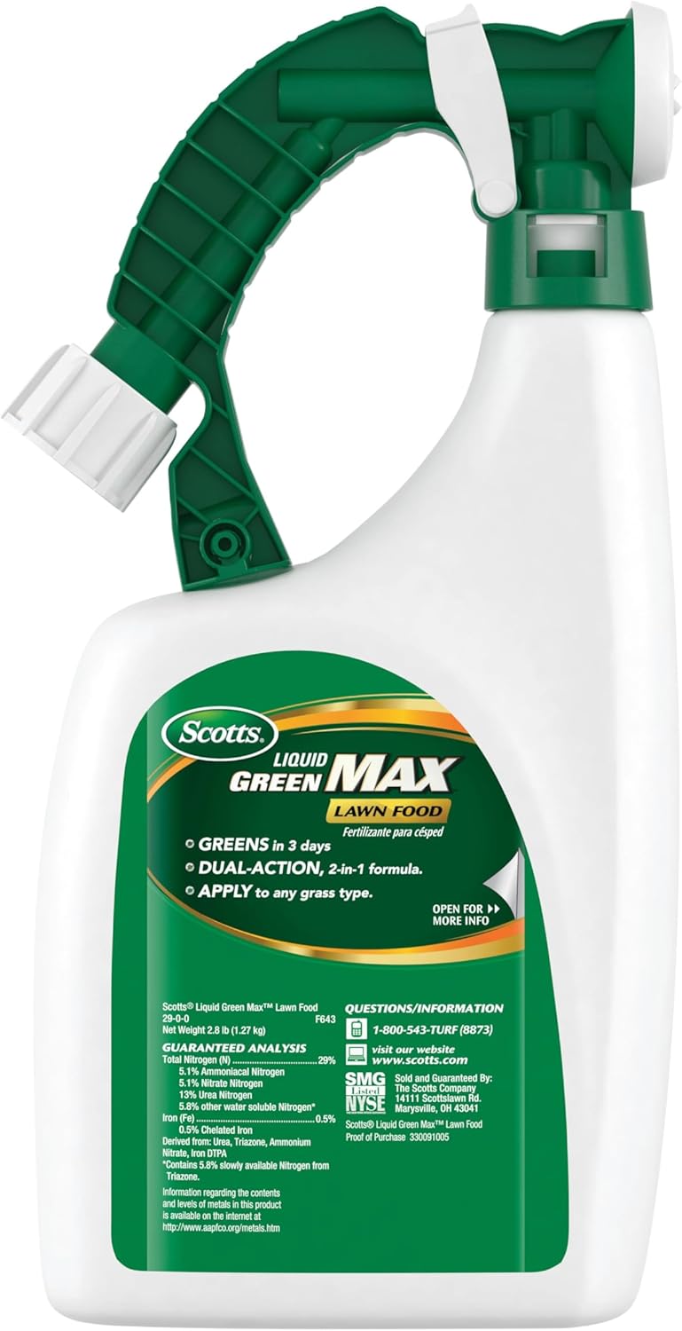 Scotts Liquid Green Max Lawn Food: 2,000 sq. ft., 2-in-1 Fertilizer and Iron Supplement, Use on Any Grass Type, 32 oz.