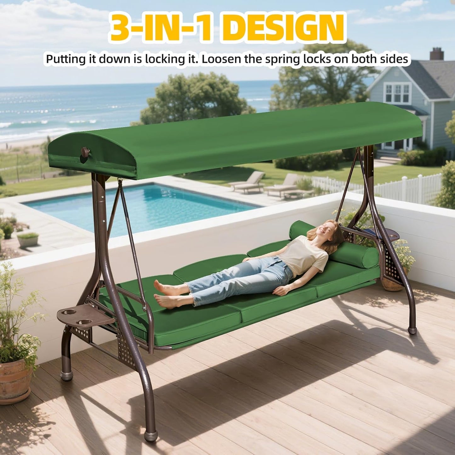 3-seat Patio Swing with Canopy,Convertible Outdoor Swing Bed with Thick Cushions, Pillows & Cup Holders, 3-Seat Outdoor Swings Chair for Backyard, Garden, Deck(Green)