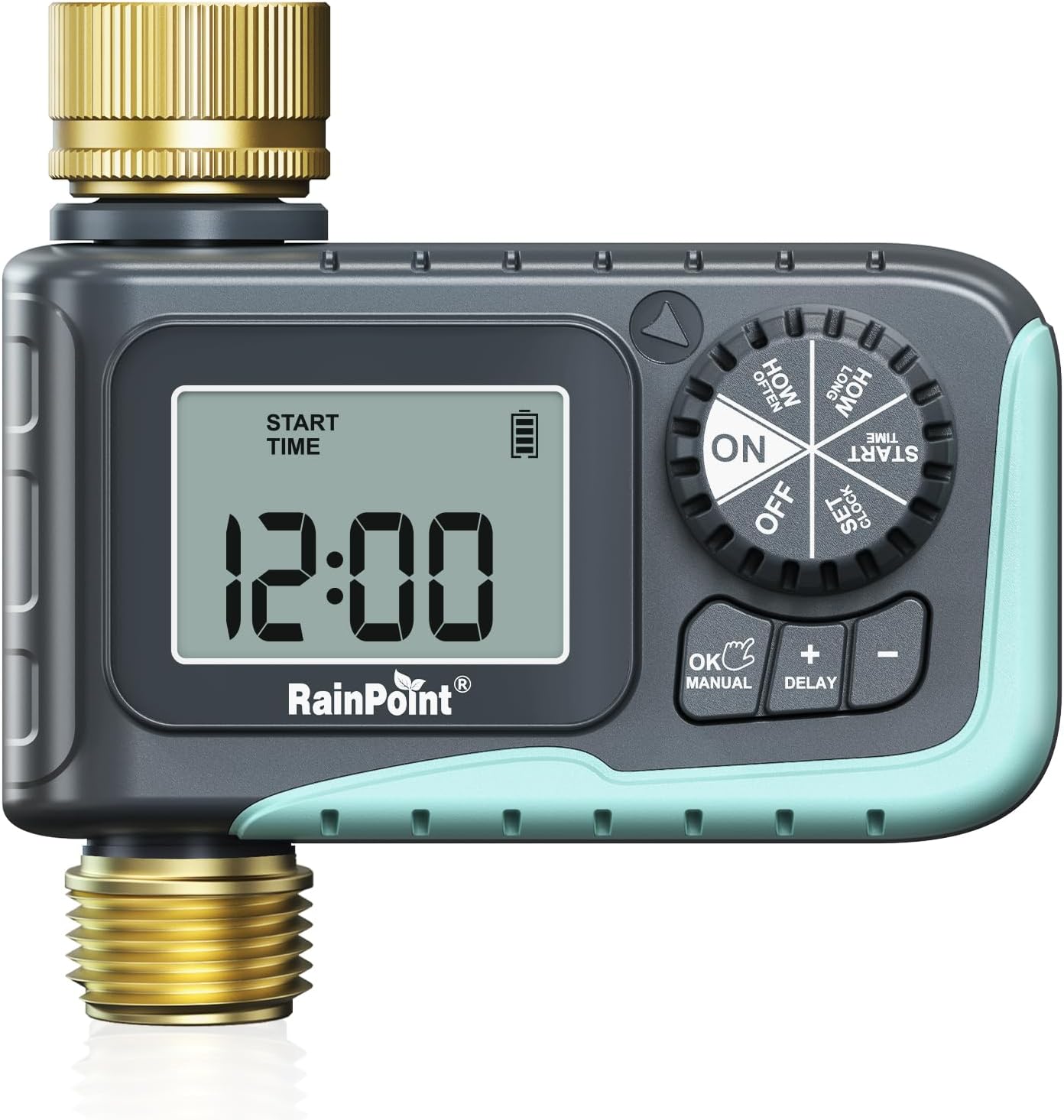 RAINPOINT Sprinkler Timer with Brass Inlet & Outlet, Programmable Hose Timer for Garden Soaker Hose, Watering Timer with Rain Delay/Manual Watering System, Digital Drip Irrigation for Yard, Lawn