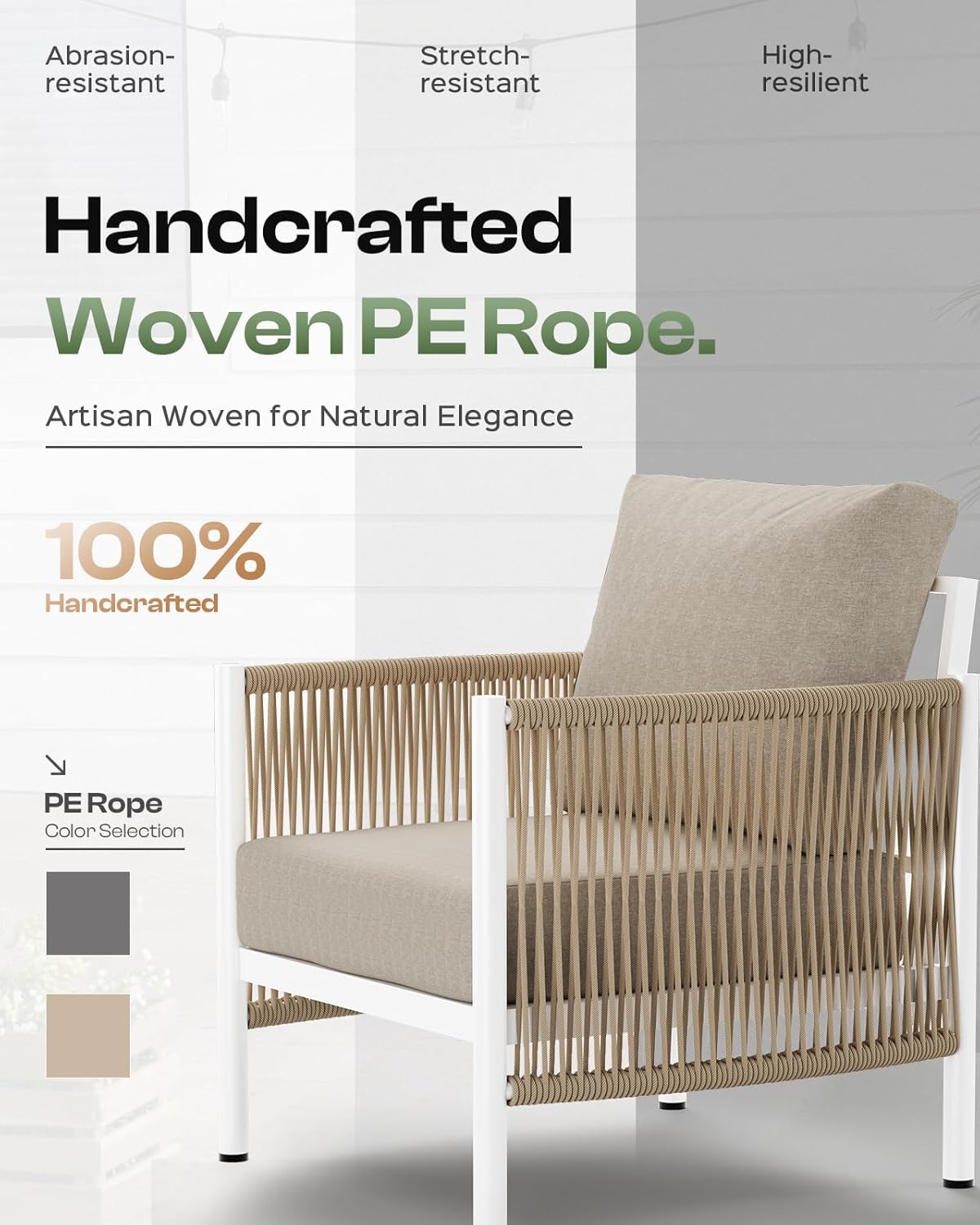 Aluminum Outdoor Patio Furniture Set, HDPE Rope 5 Piece Modern Sectional Conversation Sets with Dual-Layer Coffee Table, All Weather Patio Couch Sofa with Thick Cushions, White Frame, Ivory