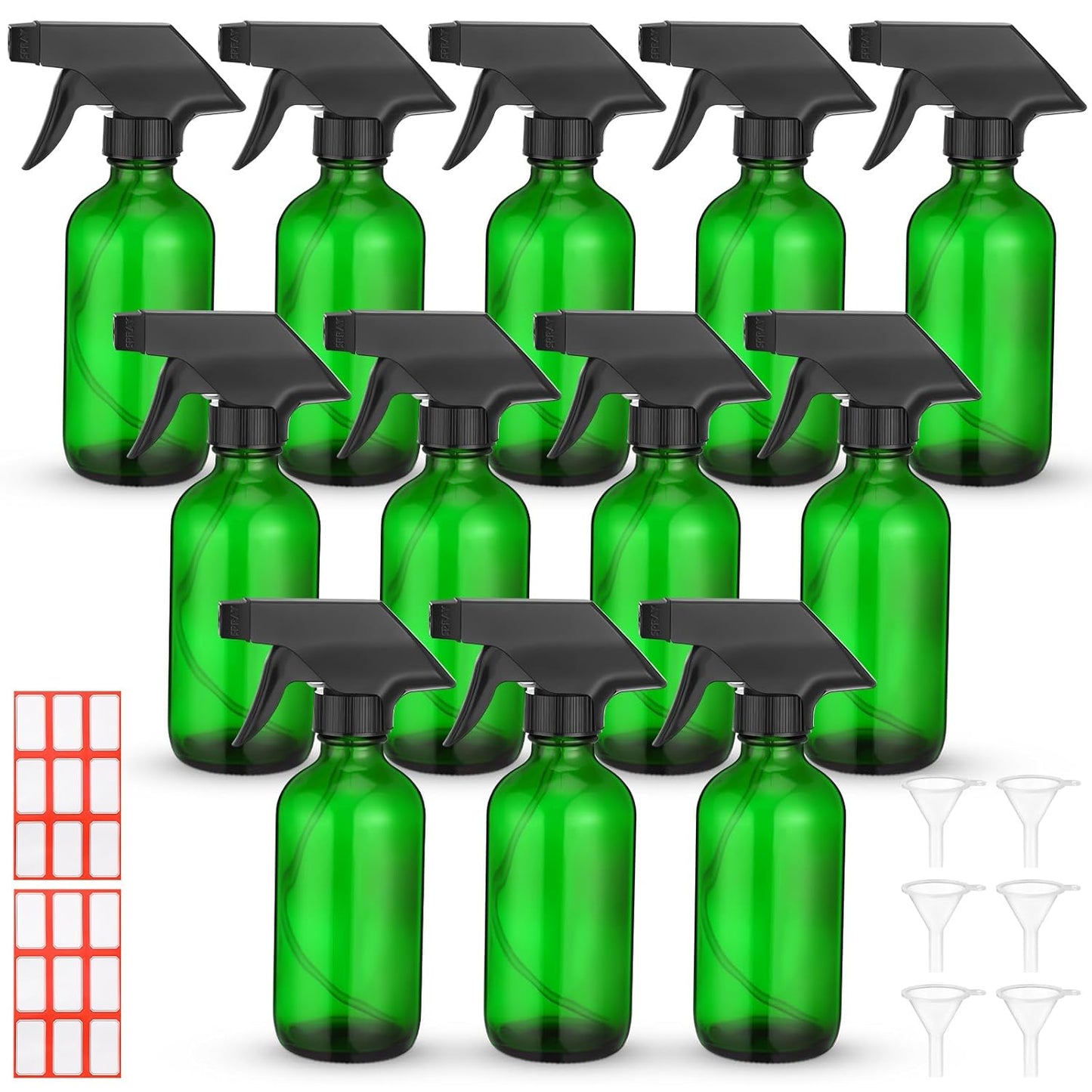 Norme 12 Pcs 8 oz Glass Spray Bottles with Funnels and Labels Refillable Cosmetic Empty Spray Bottles with Sprayer Containers for Essential Oil Cleaning Solutions(Green,Classic)