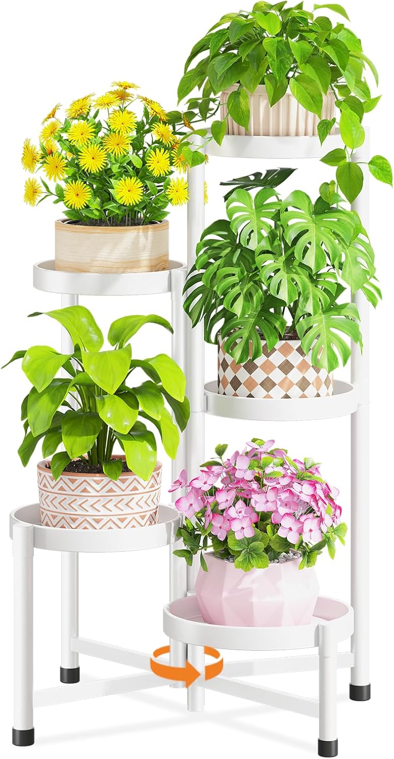 LASZOLA 5 Tiered Folding Plant Stand Indoor for Multiple Large Planter, Tall Heavy Duty Adjustable Rack with Rust Proof 10 Inch Wide Tray, Sturdy Vertical Tree Organizer for Narrow Inside Floor, White