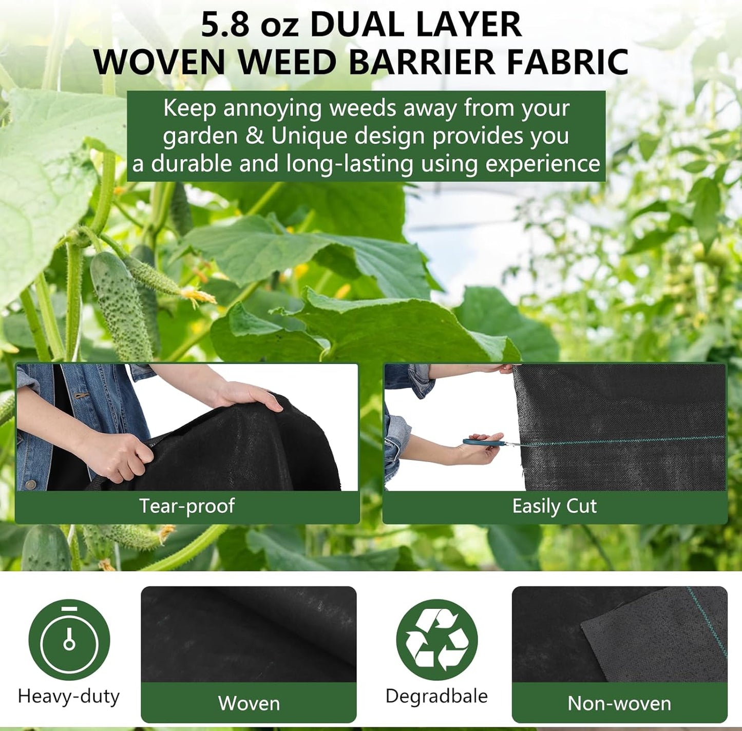 Broadfashion Woven Landscape Fabric 5.8oz, 4 x 100FT Weed Fabric Barrier, Double Layer, Garden Fabric Weed Barrier, Weed Control Fabric Ground Cover, Gardening Mat for Garden Beds