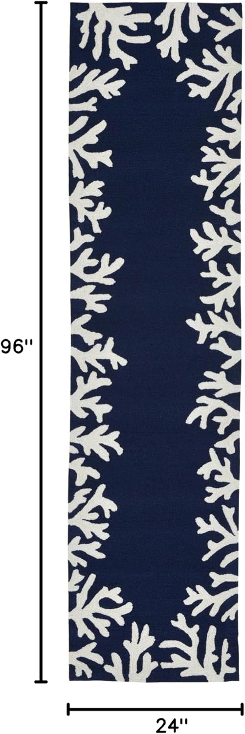 Liora Manne Capri Indoor/Outdoor Handmade Synthetic Blend Durable Area Rug - Traditional Border Coastal Beach Accent (Coral Border Navy) (2' x 8')