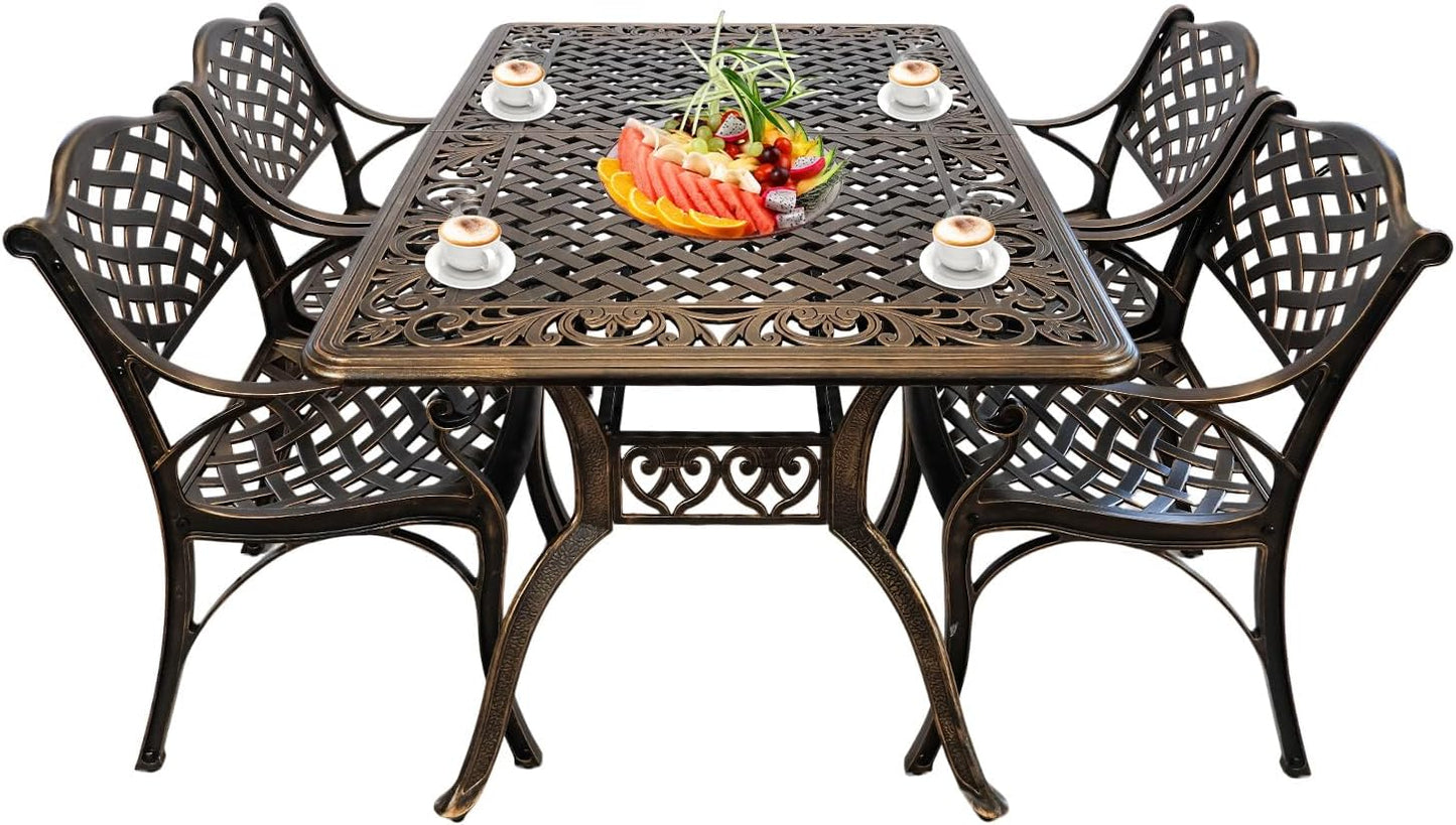 5 Piece Outdoor Dining Set, Cast Aluminum Patio Dining Set for 4 Person, Patio Furniture Set with 59" Rectangle Patio Table(2.56" Umbrella Hole) and 4 Chairs