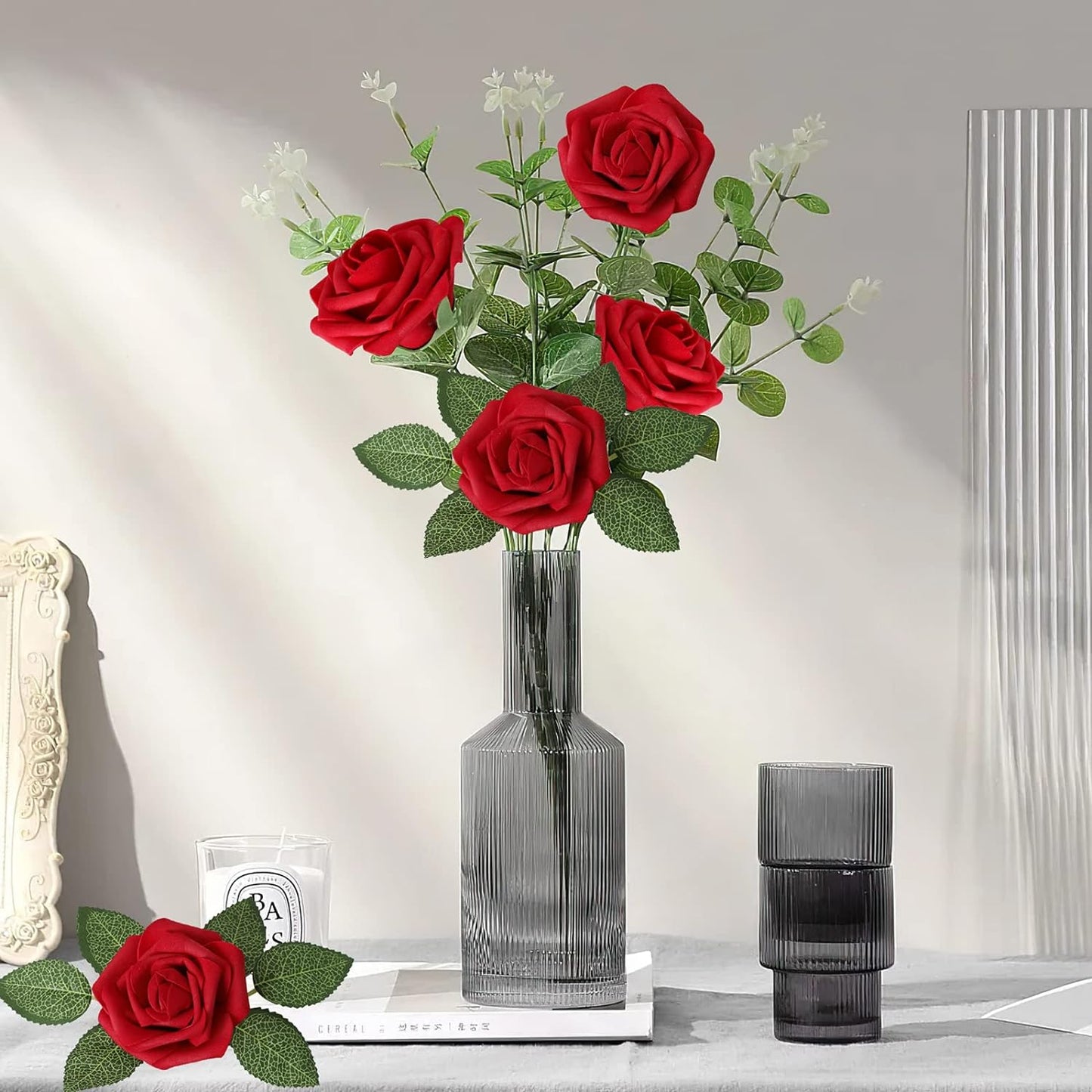 AmyHomie Artificial Flowers Dark Red Rose 50pcs Real Looking Fake Roses w/Stem for DIY Wedding Bouquets Centerpieces Arrangements Party Baby Shower Home Decorations