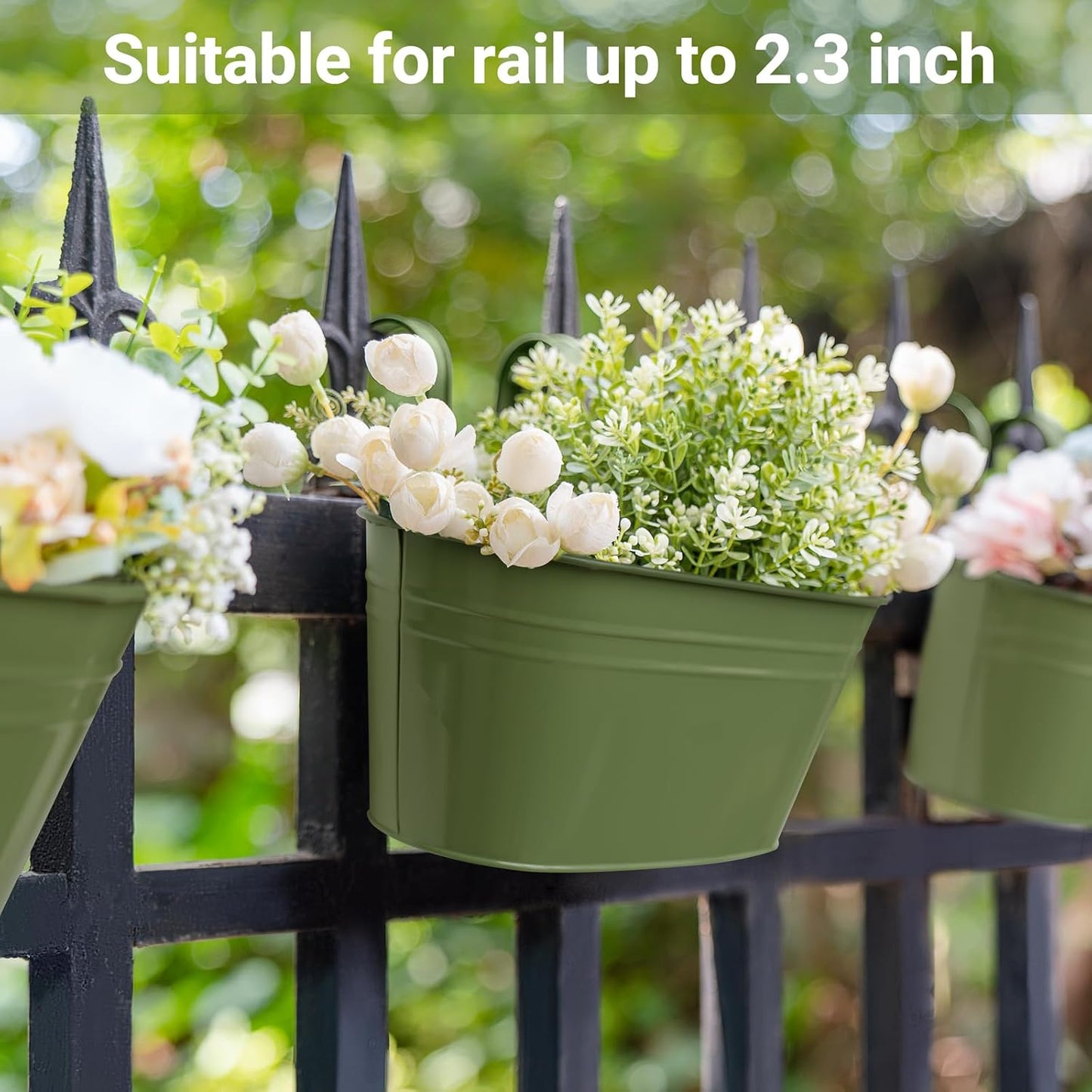 Dahey Metal Iron Hanging Flower Pots for Railing Fence Hanging Bucket Pots Countryside Style Outdoor Planter Window Flower Plant Holder with Detachable Hooks Home Decor,Green,5 Pcs