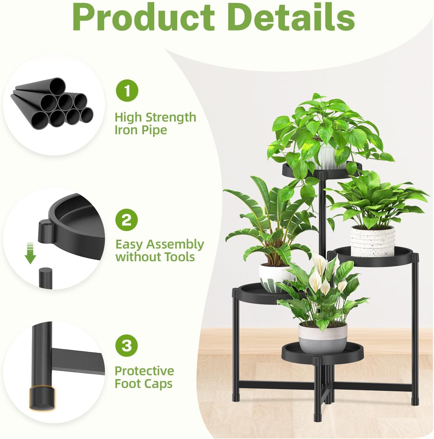 iDavosic.ly 4 Tier Folding Plant Stand Indoor Outdoor with Plastic Tray, Tiered Corner Flower Holder Shelf, Metal Orchid Display Rack for Patio Porch Living Room Garden Balcony, Modern Black