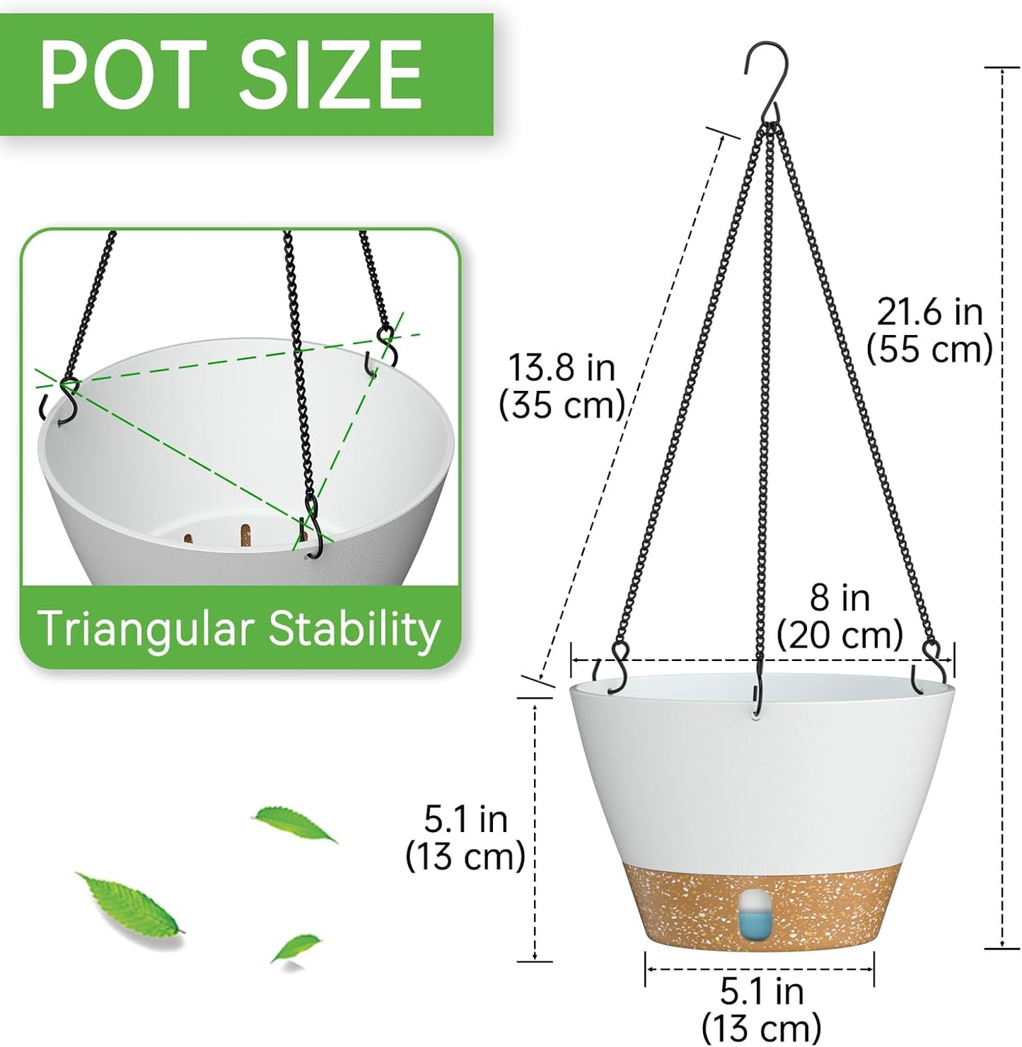 ZMTECH 8 Inch Hanging Planters for Indoor Plants, Hanging Baskets for Plants Outdoor with Visible Water Level, Hanging Flower Pots with Drainage Holes & Removable Tray(2 Pack, White)