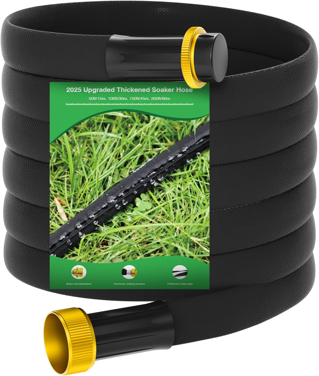 Mixc 2025-Thickened Flat Soaker Hose 50Ft with Copper Joint,Aluminum Seal,1mm Thickened Hose,360°Swival Handle and Inlet,Hole Pressure Relief Gasket,Drip Kit for Vegetable Garden,Lawn,Flower Bed