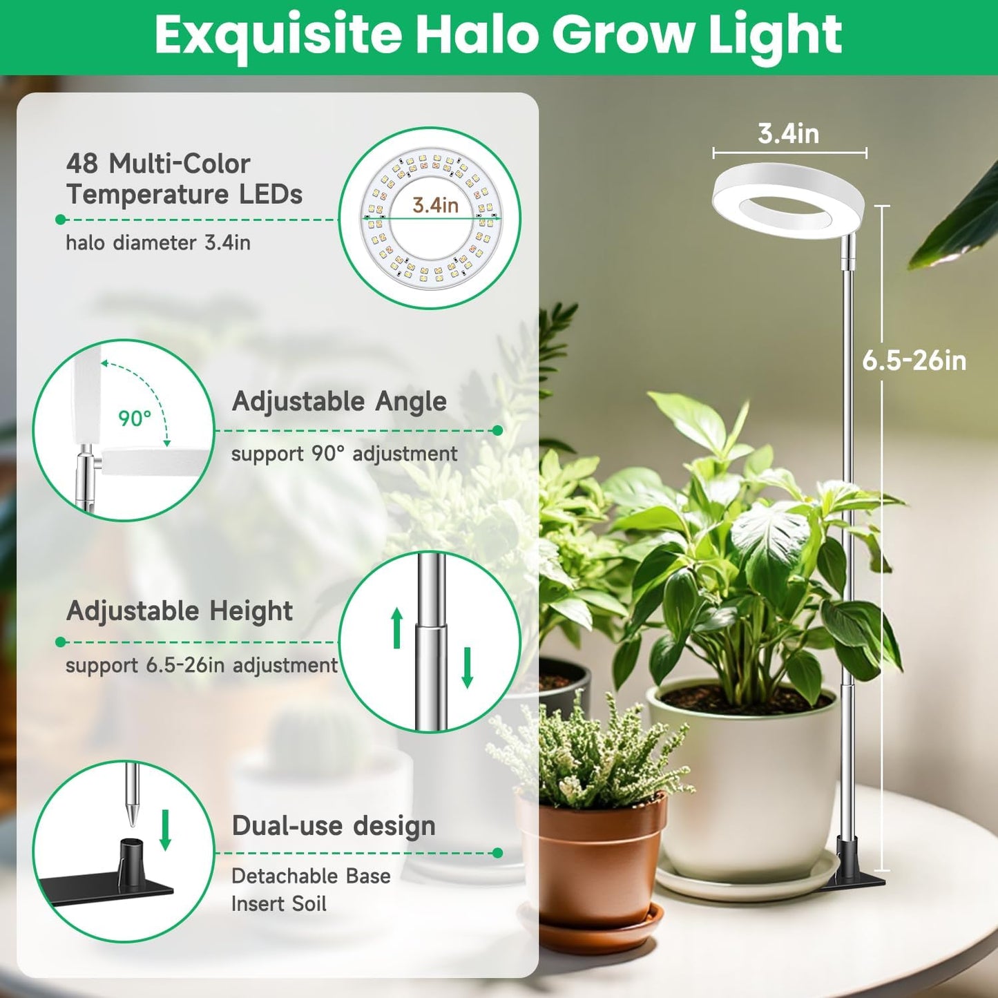 Grow Lights for Indoor Plants, Full Spectrum Plant Lights for Indoor Growing with with 3/9/12H Timer, 3 Color Modes, 10 Brightness, 6.5"-26" Height Adjustable Small Grow Light, 1 Pack(3.4in)