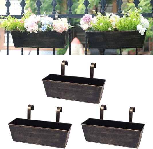 Hanging Planters for Outdoor Plants 16 Inch Railing Planter Box for Balcony Deck Window Metal Rectangular Fence Flower Pots with Drainage Holes for Patio Porch Outside Garden Decor(3 Pack)
