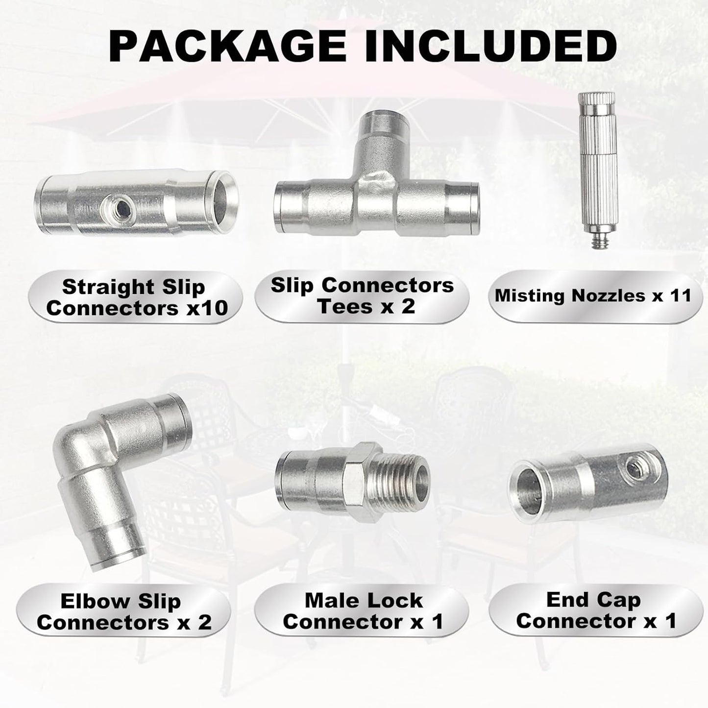 Brass Patio Misting Kit – 11pcs Brass Micro-Nozzles & 16pcs 3/8″ Slip Connectors for Outdoor Cooling (UNC 10/24, 0.012″ Precision Orifice, 15-280 psi)