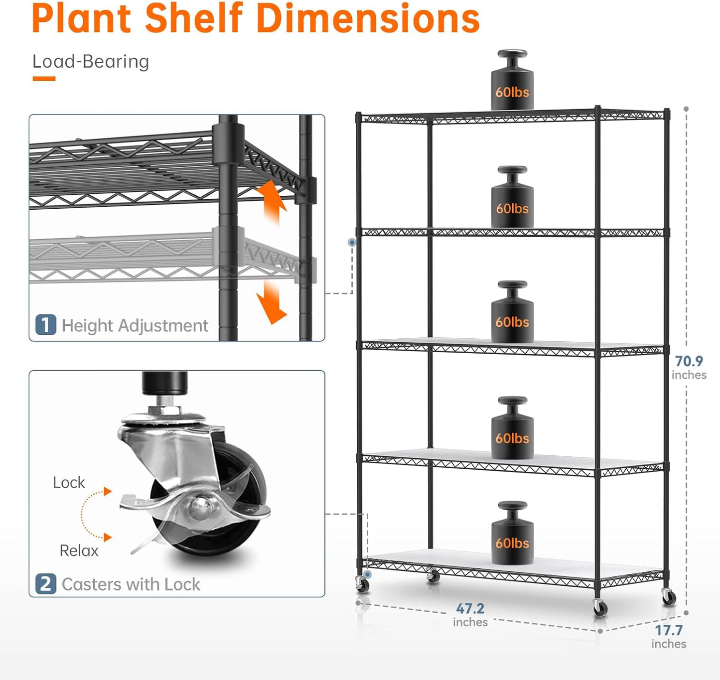 Plant Shelf with Grow Lights, 5 Tier Large Tall Plant Stand with 3FT T5 144w Grow Light for Indoor Plants, 3 Mode Full Spectrum LED Plant Light with wheel and Timer for Seedling, 47.2x17.8x71IN