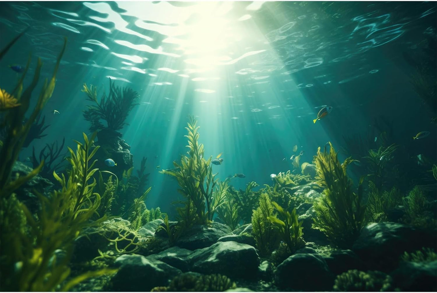 Ocean Aquarium Background Aquatic Plants with Rocks Terrarium Backdrop Sunlight Rays Deep Sea Fish Tank Background Aquarium Wallpaper Poster Decor Vinyl 30x18in