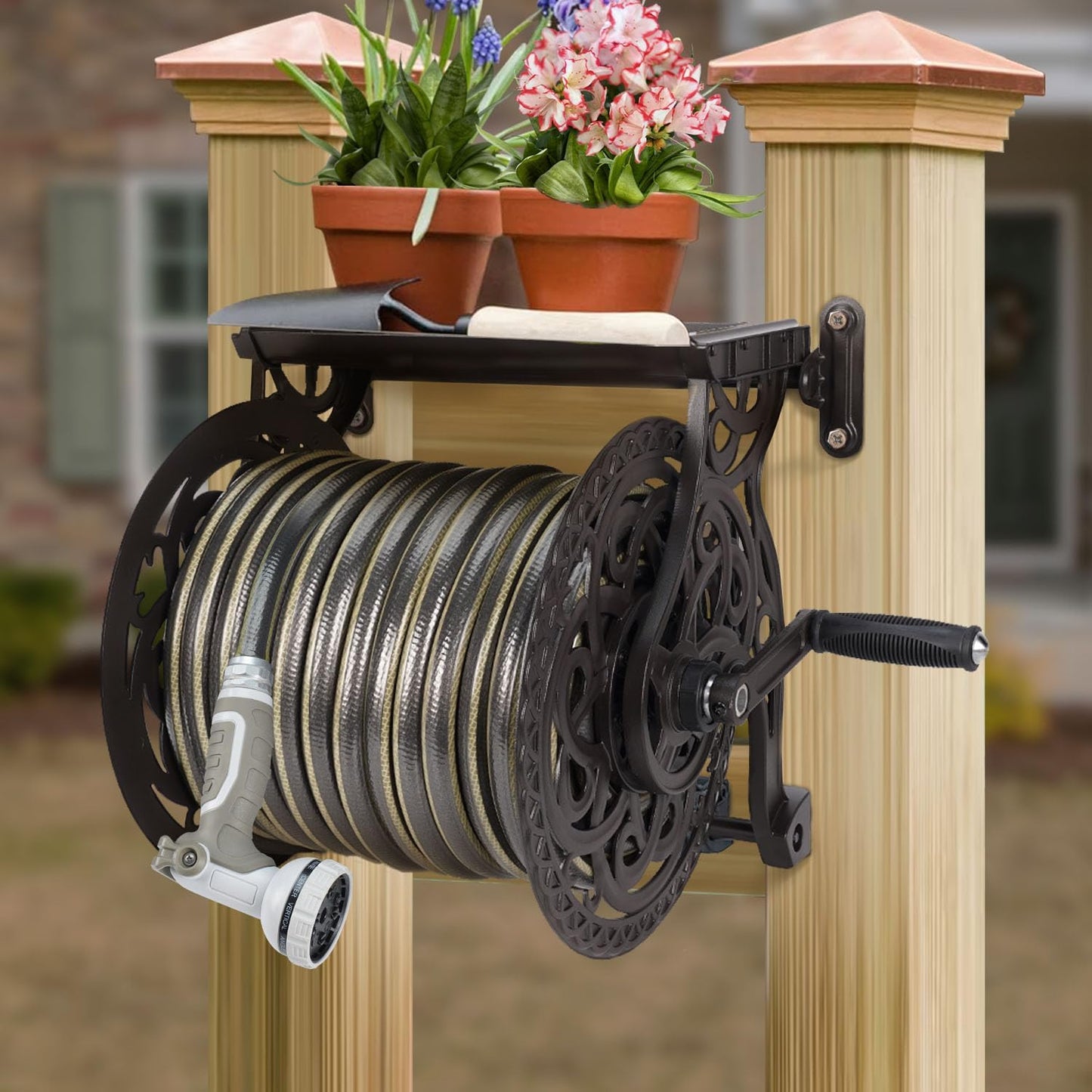 Metal Decorative Garden Hose Reel, Heavy Duty Hose Holder for Outside, Aluminum Frame, No-Leak Aluminum Water System, Easy Assmbly, Wall Mount, Holds 135 ft x 5/8" Hose Storage, Dark Bronze