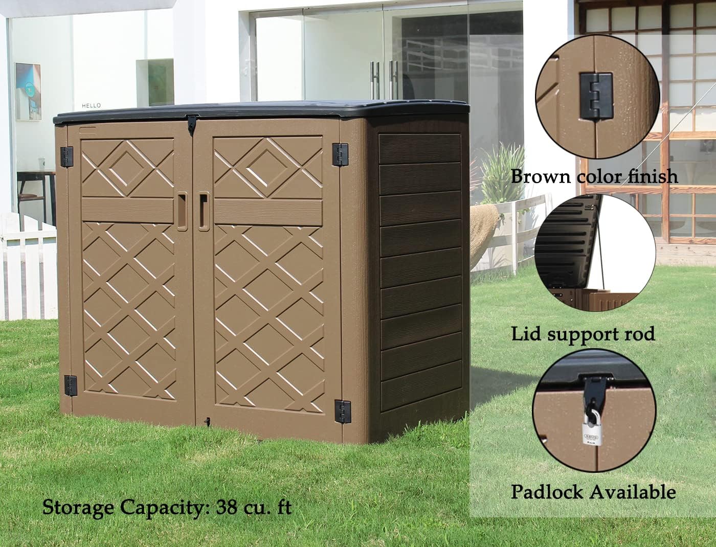 Large Horizontal Storage Sheds,38 cu.ft Resin Garden Shed Weather Resistance,Outdoor Storage Box Lockable for Patio,Backyard,Garden,Home(Brown)