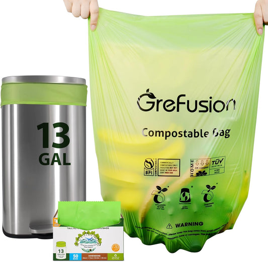 Compostable Bags,Trash bags 13+ gallon tall kitchen, Compostable Trash Lawn & Leaf Yard Waste Bags,Kitchen Compost Trash Bin Compatible,Extra Thick1.01 Mills,Certified by BPI and OK Compost(50count)