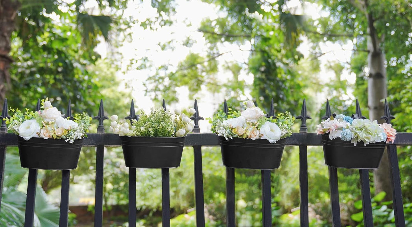Dahey Metal Iron Hanging Flower Pots for Railing Fence Hanging Bucket Pots Countryside Style Outdoor Planter Window Flower Plant Holder with Detachable Hooks Home Decor, Black,4 Pcs