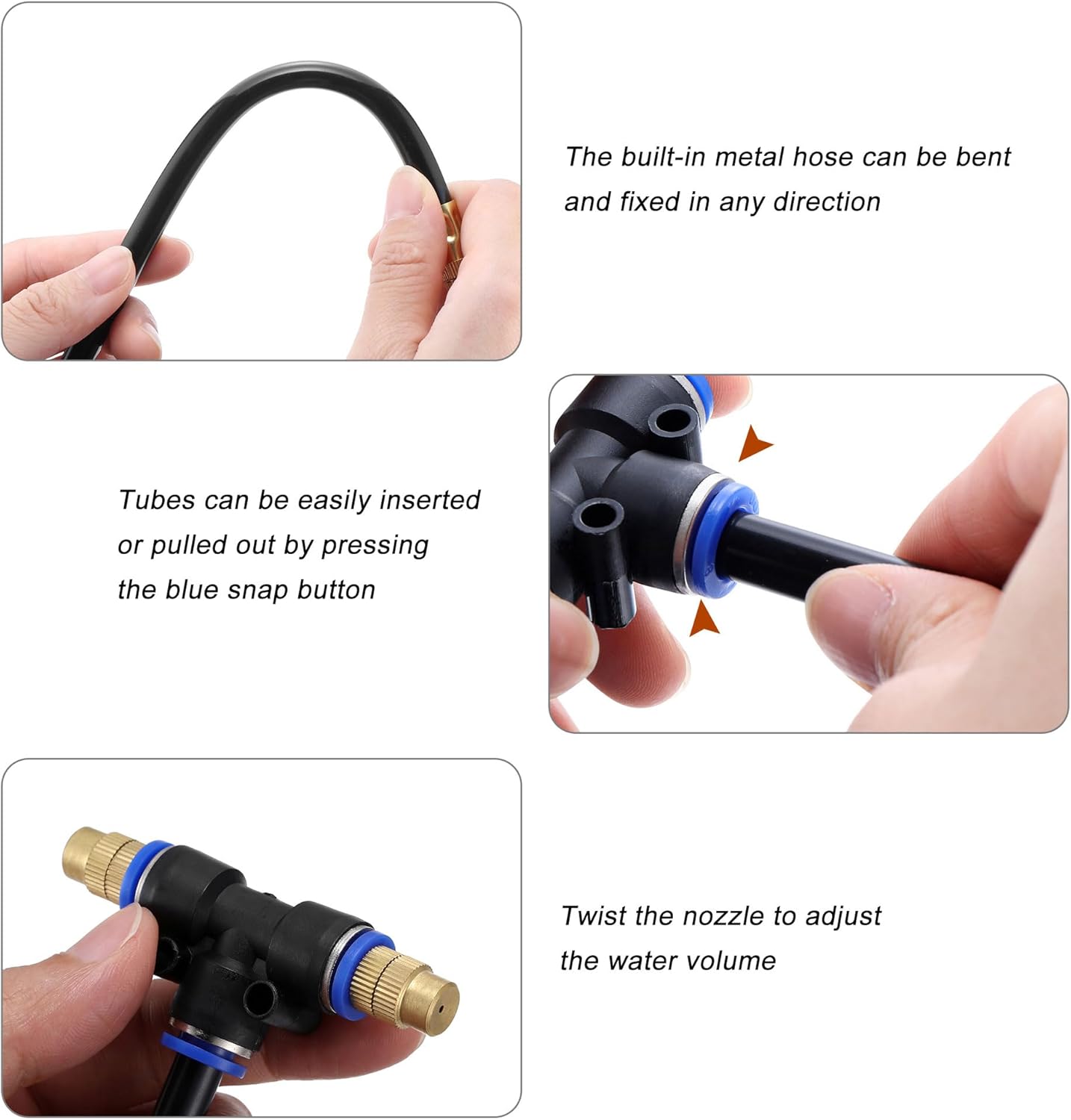 Mornajina 3Packs 2 Way Brass Misting Nozzles Tee with 12inch Built in Hose for Outdoor Cooling System, Adjustable 360° Rotation, Water Mister Nozzles Thread Sprayer 0.043" (1.1 mm)
