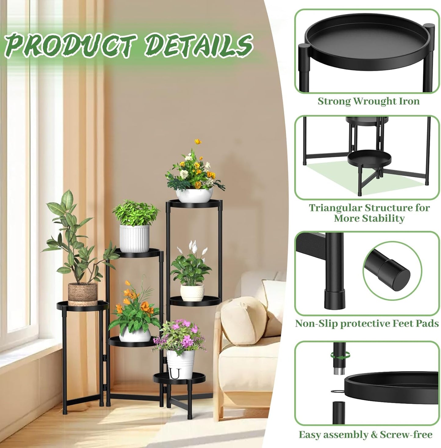 MOKANI Metal Plant Stand Indoor Outdoor for Multiple Plants, 6 Tiered Folding Corner Shelf Tall Flower Pot Holder Display Rack for Patio Living Room Balcony Garden, Black