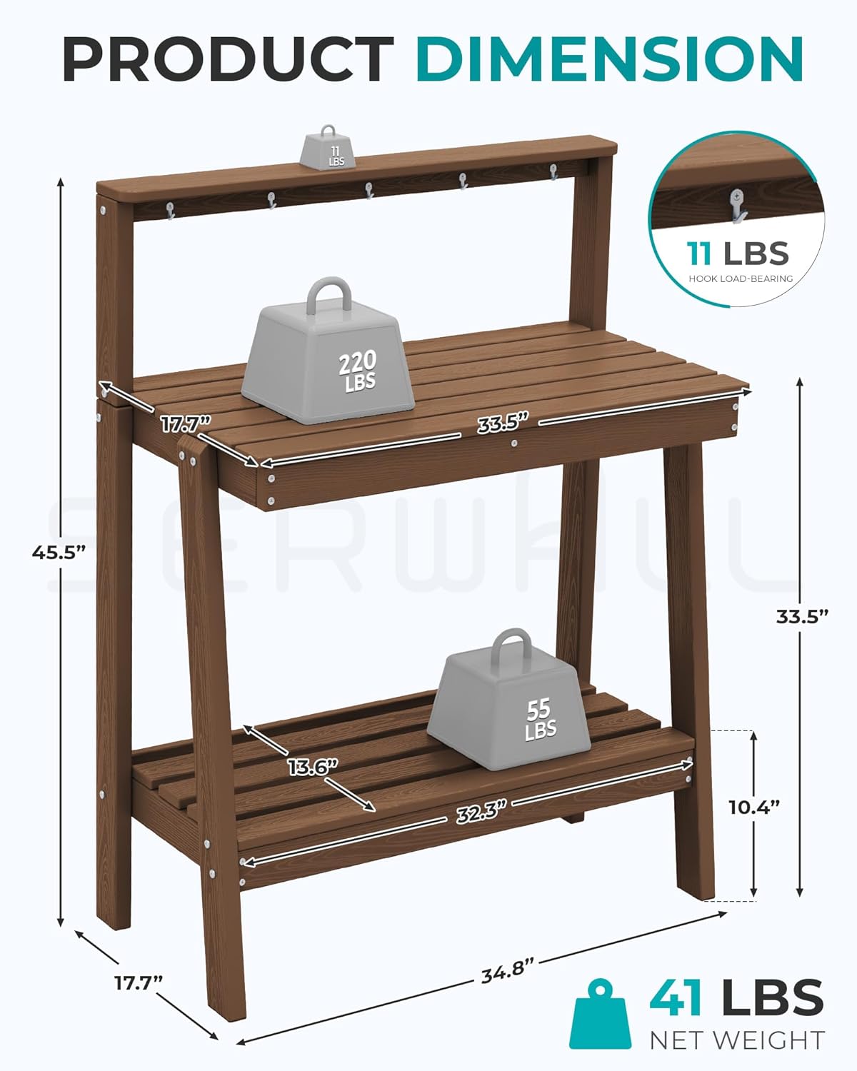 SERWALL Potting Bench Outdoor with Storage Set of 2, 3-Tier HDPE Gardening Table with Angled Legs & Tool Hooks, All-Weather Heavy Duty Potting Table for Patio, Backyard, Garden, Brown