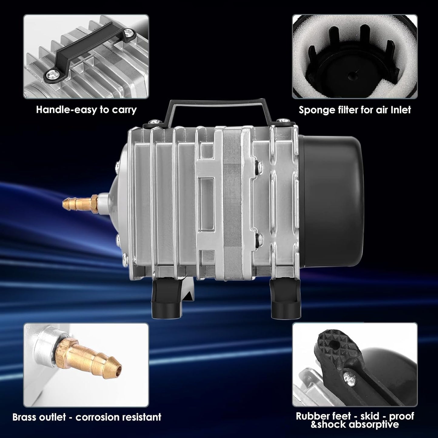 Aquarium Air Pump with Aluminum Housing, Commercial Air Pump with 6-Outlet Air Manifold, Pond Aerator Fish Tank Bubbler for Aquarium, Pond, Hydroponics (1250GPH-45W)