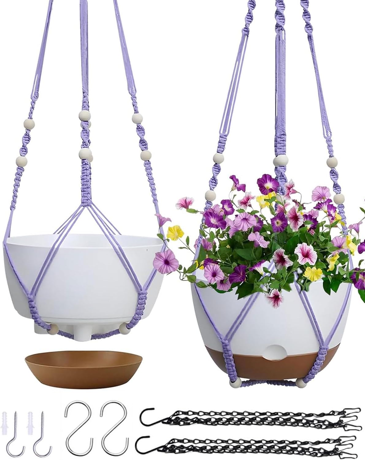 2 Pack Hanging Planters Set,10 Inch Indoor Outdoor Hanging Plant Pot Basket,Hanging Flower Pot with Drainage Hole with 3 Hooks for Garden Home(Purple Hanger White Planters)