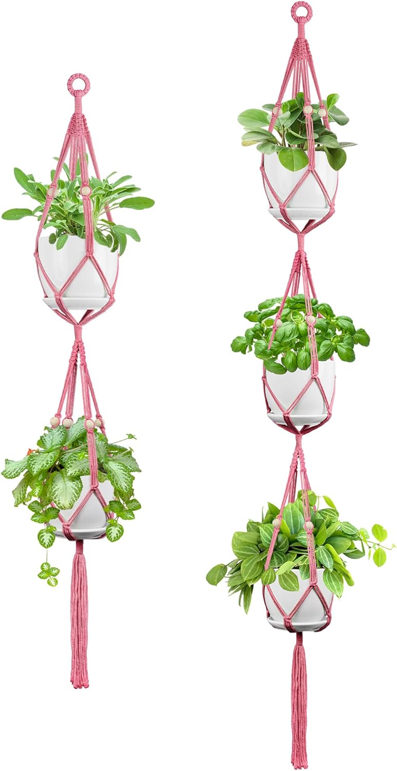 USLAI Macrame Plant Hanger Indoor Outdoor, Up to 4-15 inch Pot, Heavy 20lb Planters, Extra Long Strong Hanging Planter Basket Holder, Boho Home Decor, 49+72 Inch, Pink (POTS NOT Included)
