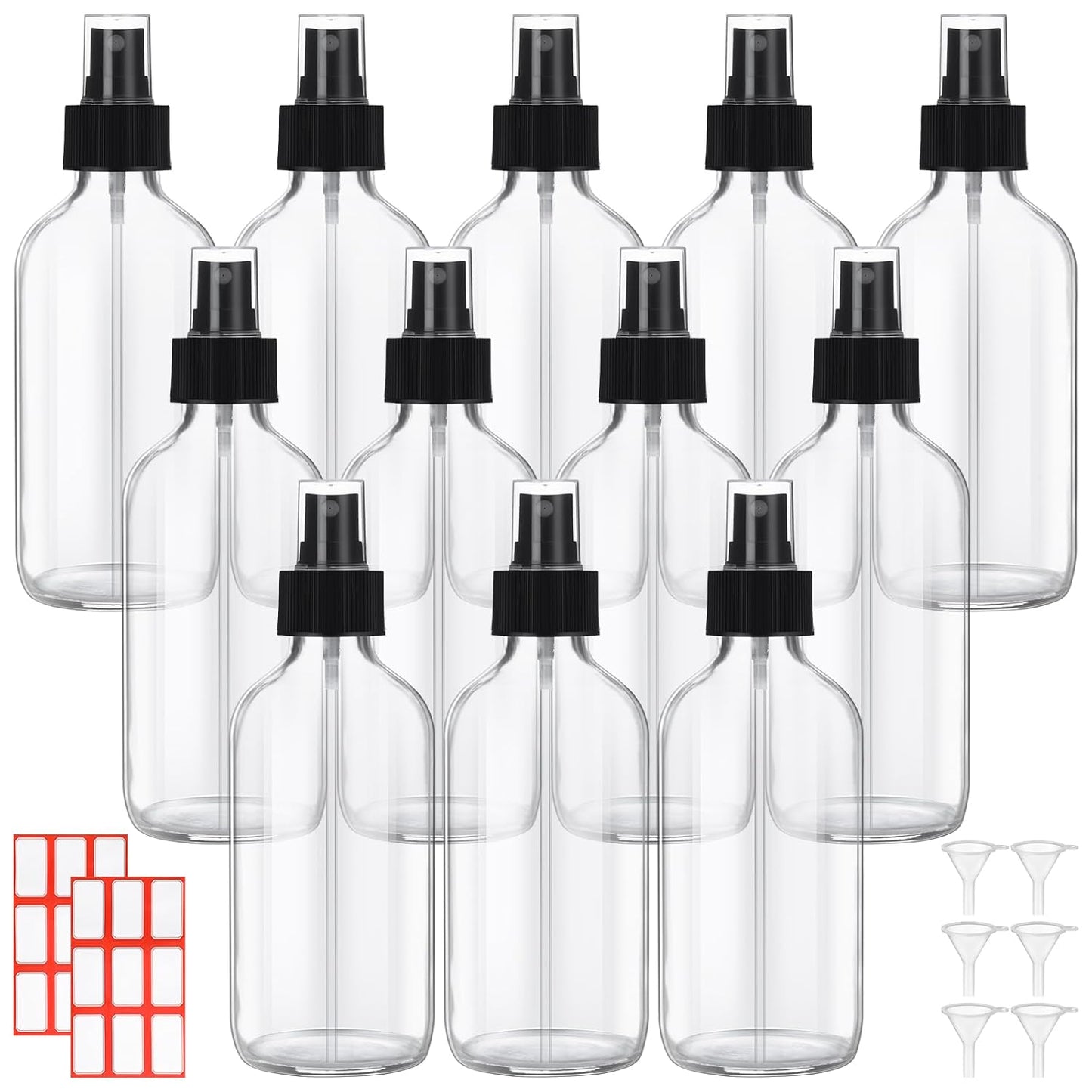 Norme 12 Pcs 8 oz Glass Spray Bottles with Funnels and Labels Refillable Cosmetic Empty Spray Bottles with Sprayer Containers for Essential Oil Cleaning Solutions(Clear,Stylish)