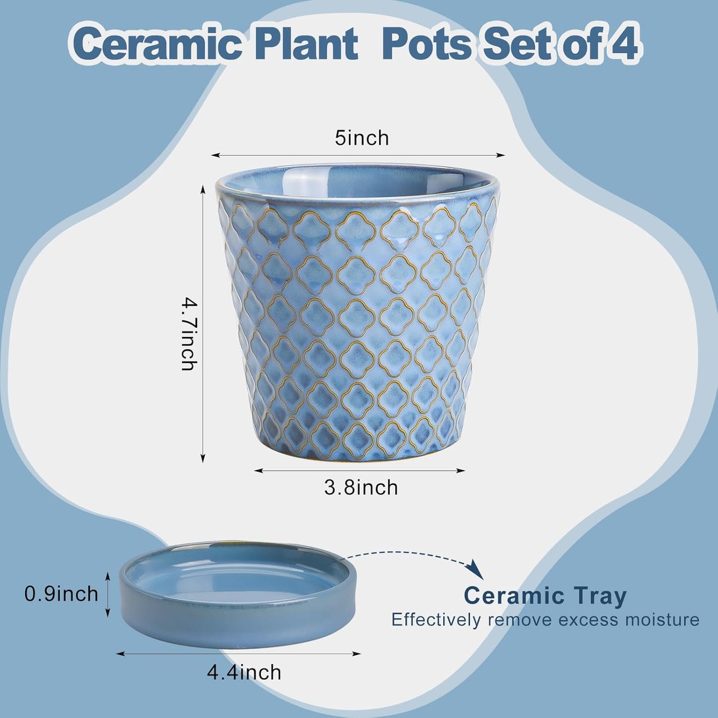 EFISPSS Plant Pots, 5 Inch Pots for Indoor Plants, Planters with Drainage Hole and Saucer, Ceramic Flower Pots Desktop Office Windowsill Decoration Gift Set of 4 - Sky Blue