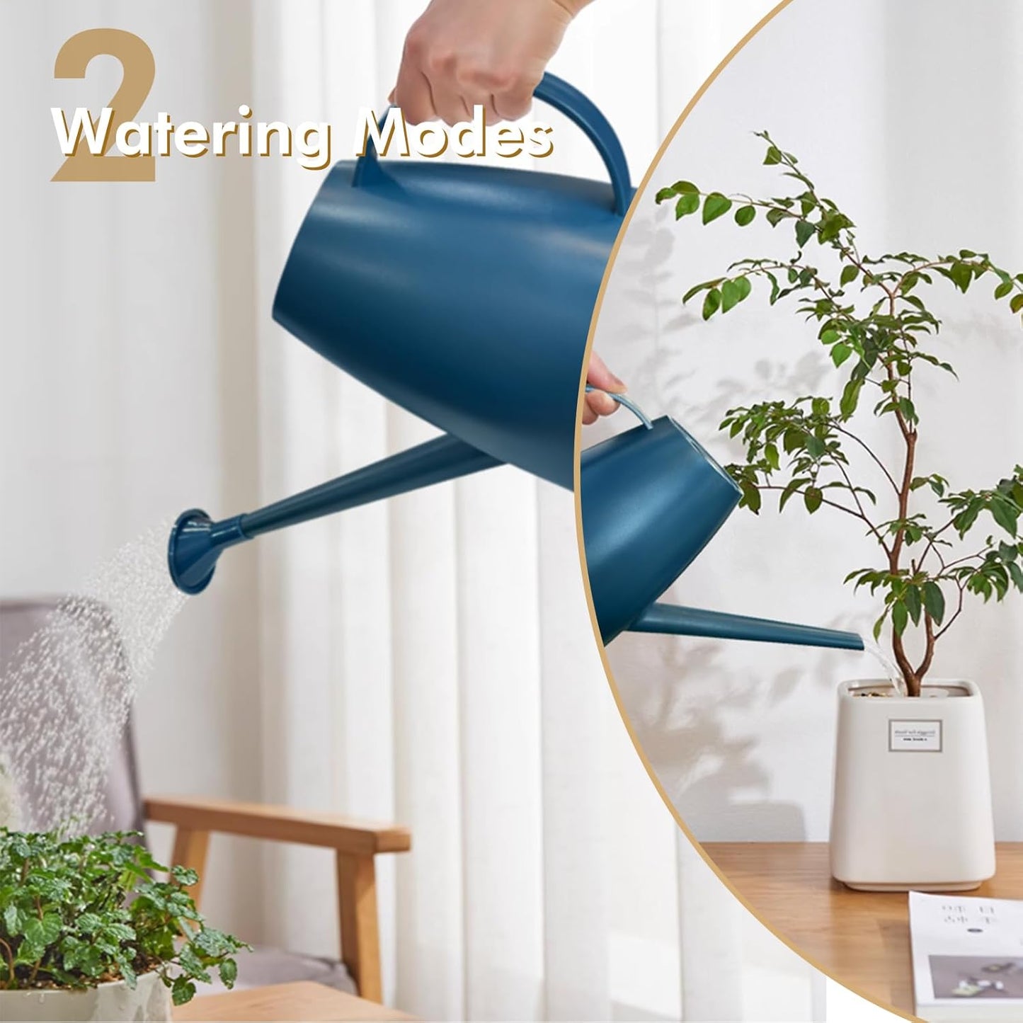 Watering Can for Indoor Outdoor Plants, Modern Small Watering Cans with Removable Nozzle, Long Spout Watering Can for Indoor Bonsai Plants Garden Flowers 1/2 Gallon 1.8L 60OZ (Dark Blue)