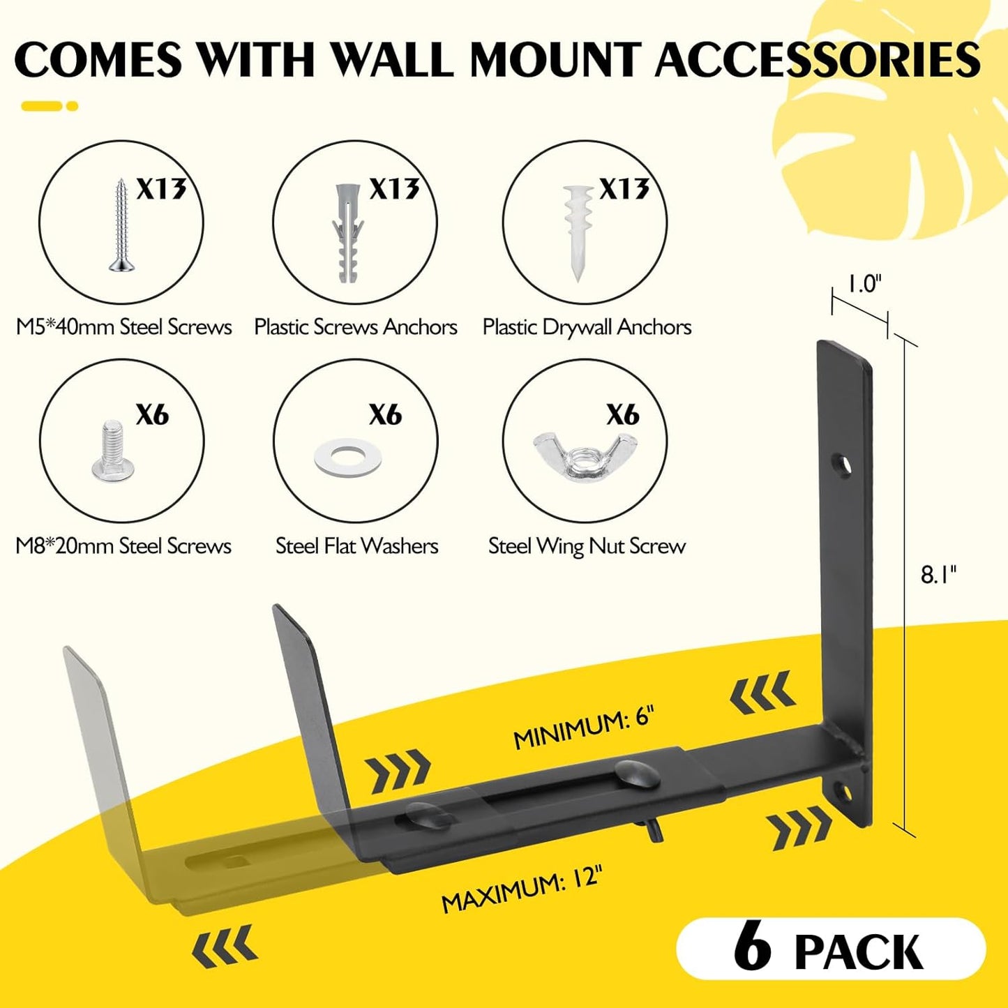 LukLoy Window Planter Box Brackets, 6 Pack Adjustable Heavy Duty Wall Mount Window Flower Boxes Outdoor with Bracket (6 to 12 in), with 70lbs Capacity, Black