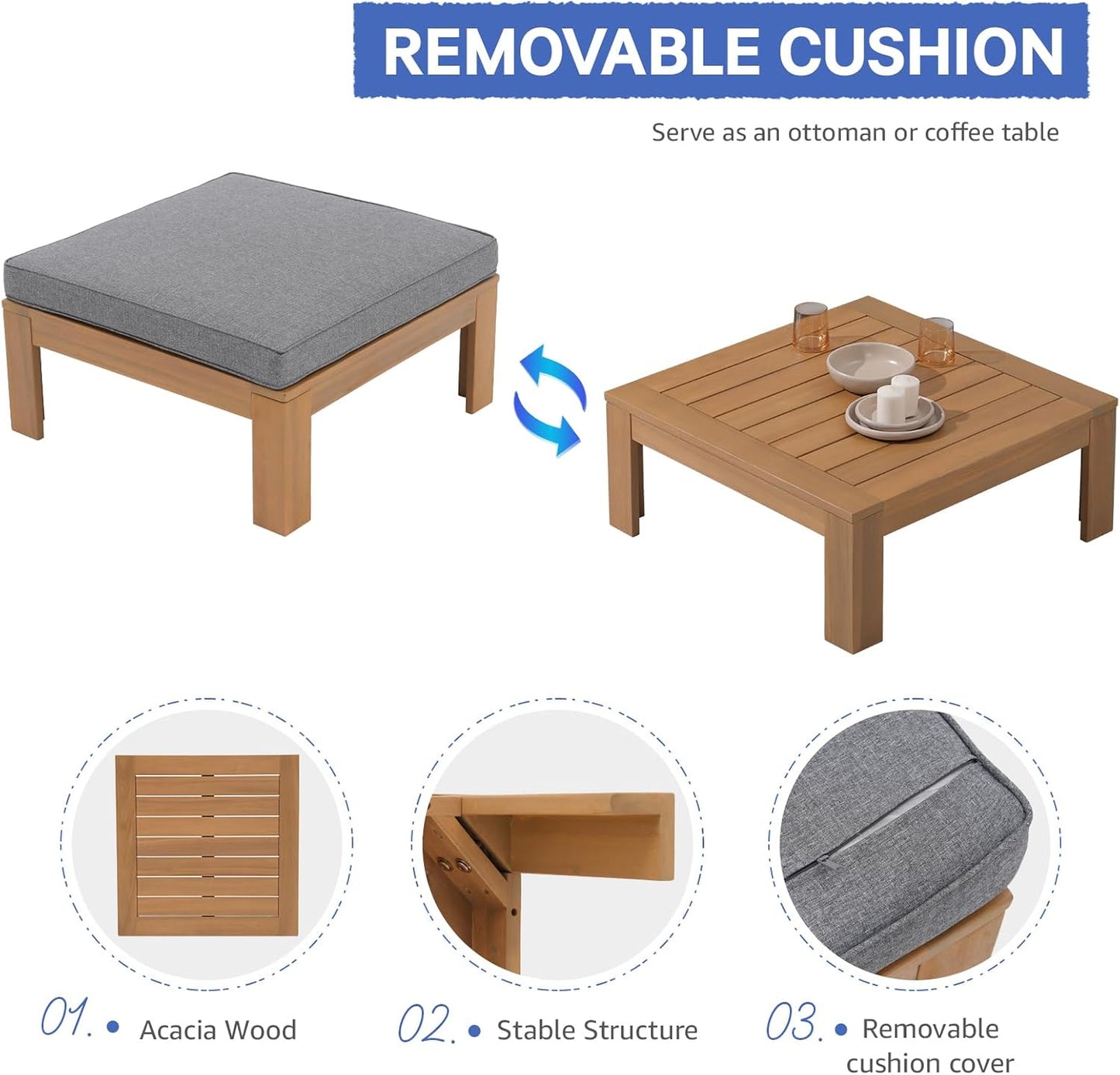 SUNSITT 2 Piece Acacia Wood Patio Furniture Outdoor Loveseat Sofa Set with Adjustable Armrest, FSC Certified L-Shaped Patio Set w/2-in-1 Coffee Table, Grey Cushions for Garden