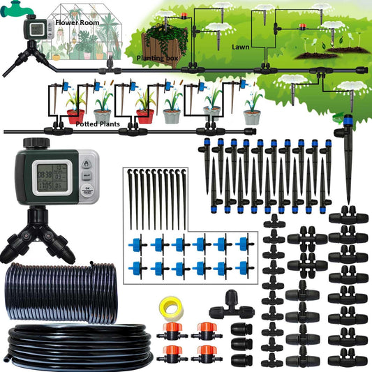 162ft Drip Irrigation Kit 5/16“ID Main Hose and 1/4 Inch Pipe Drip Irrigation System with Water Timer Auto Watering System for Garden Adjustable Spray, for Greenhouse, Garden, Lawn, Potted Plants