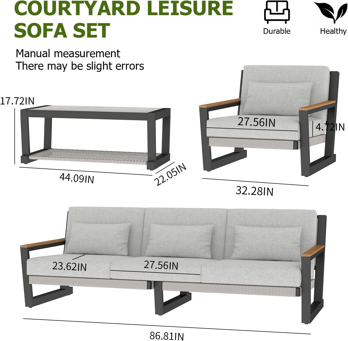 Aluminum Outdoor Patio Furniture Set 5 Seat, Patio Conversation Set with Durable Mesh Rope Weaving, Wide Armrests and Seats, Metal Sofa Set for Patio Grey