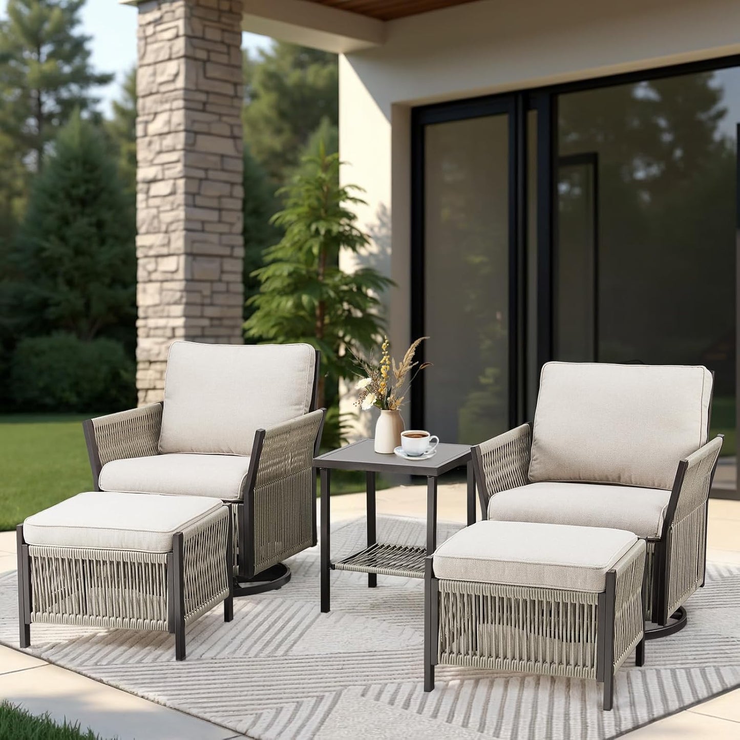Patio Furniture Wicker Outdoor Conversation Set, 5-Piece All Weather Patio Furniture Rattan Rocking Sets w/Removable Cushions & Ottomans, Side Table for Backyard, Balcony, Deck, Beige