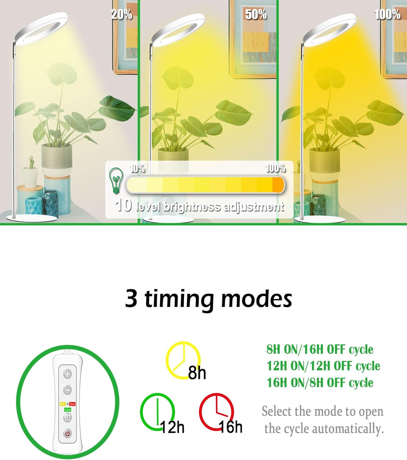 yadoker 144 LEDs Full Spectrum Plant Grow Light for Indoor Plants，Height Adjustable, 6.3" Aluminum Housing,Automatic Timer with 8/12/16 Hours,10-Level Brightness,Ideal for Small and Medium Plant Grow
