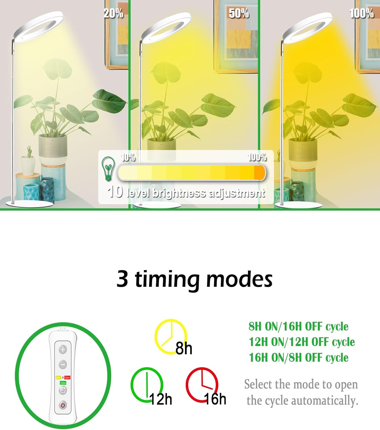 yadoker 72 LEDs Full Spectrum Plant Grow Light for Indoor Plants，Height Adjustable, 6.3" Aluminum Housing,Automatic Timer with 8/12/16 Hours,10-Level Brightness,Ideal for Small and Medium Plant Grow