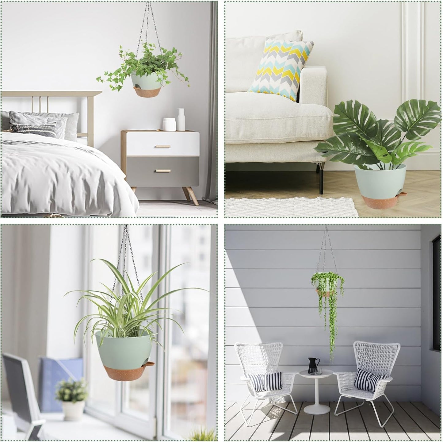 Hanging Planters for Indoor Outdoor Plants, 1 Set Self Watering Hanging Pot with Drainage Holes & Removable Tray (Green-12inch, 12'')