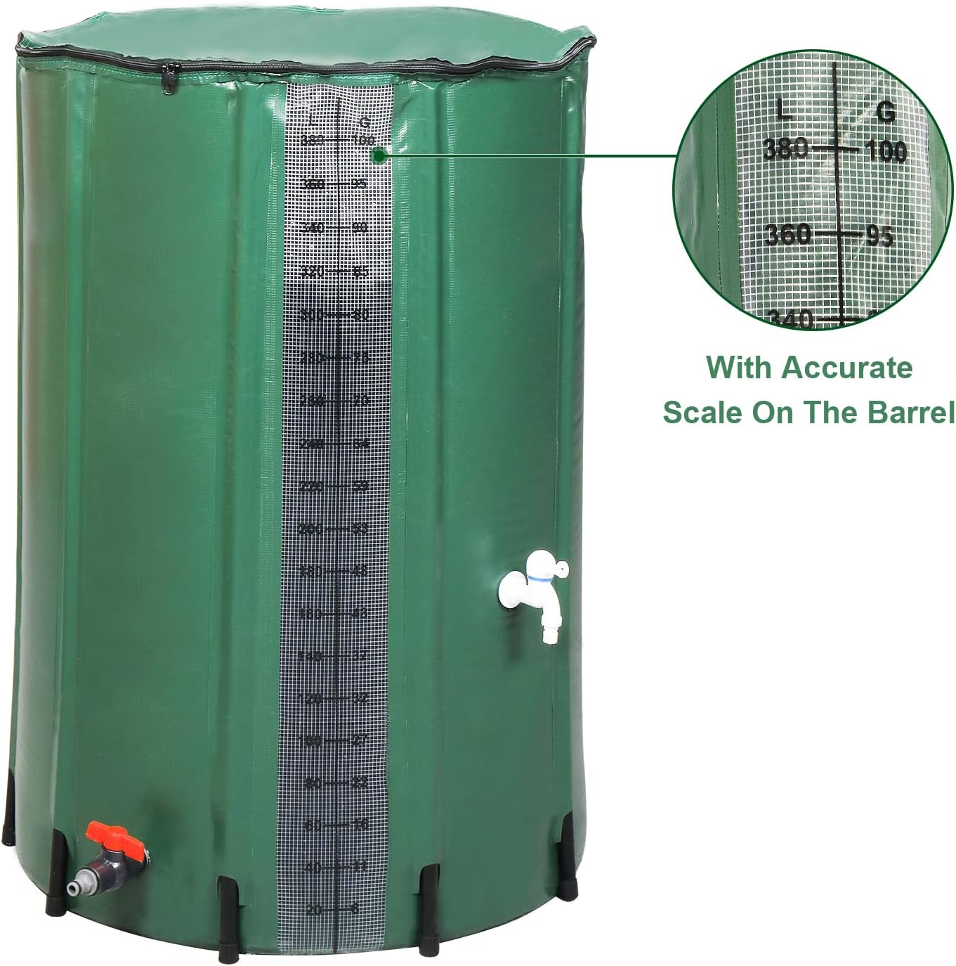 100 Gallon Collapsible Rain Barrel, Portable Rainwater Collection System, Rain Catcher Barrel with Volume Scale Mark, Two Spigots and Overflow Kit, Rain Water Barrel Collector for Garden, Green