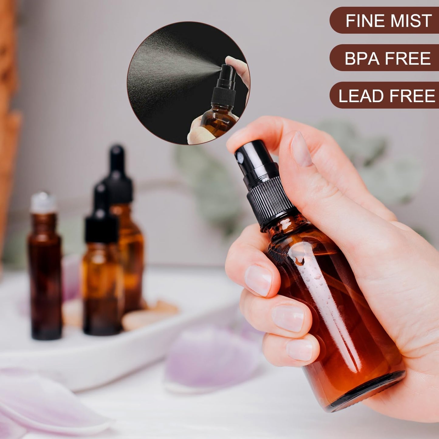 4 oz Amber Glass Spray Bottles - Small Empty Fine Mist Spray Bottle for Essential Oil,Face - Mini Dark Spray Bottles with,Included 6 Sprinkler, 1Funnels,1 Droppers, 4 Labels