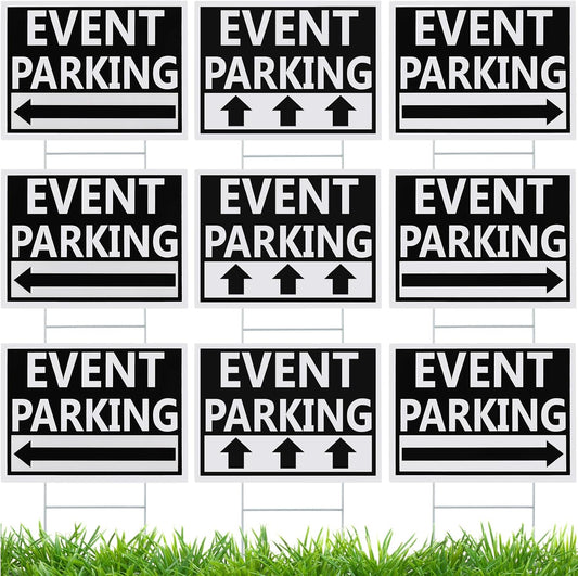 Juexica 9 Pieces 16 x 12 Inches Outdoor Event Parking Signs with Arrow Corrugated Plastic Yard Double Sided Event Signs Outdoor Directional Guest Parking(Black)